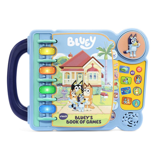 VTech Bluey Book of Games cover featuring Bluey and Bingo inviting imaginative play.