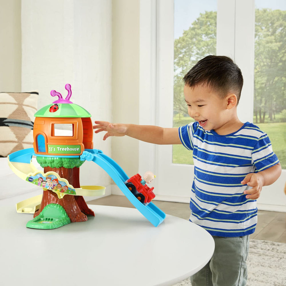 VTech CoComelon Go! Go! Smart Wheels Treehouse Track Set SmartPoint phrases and songs.