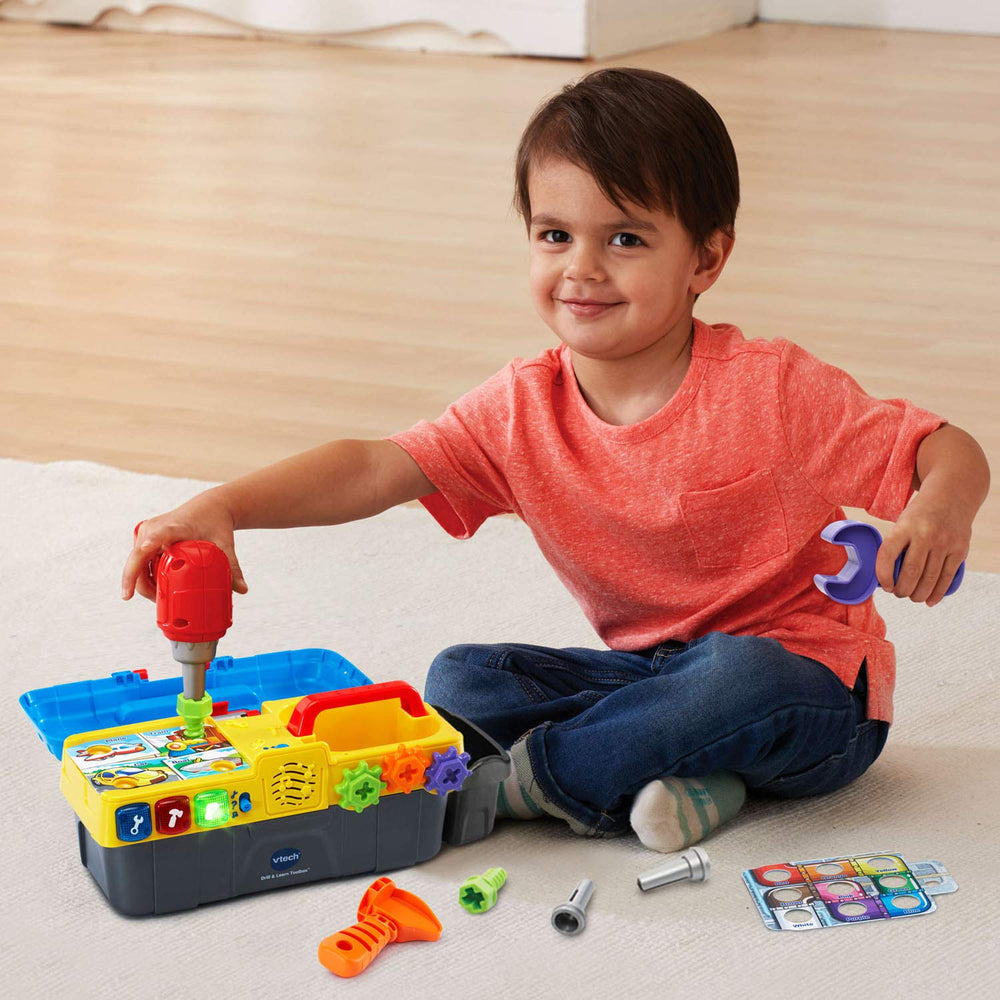 VTech Drill and Learn Toolbox light-up buttons play songs to teach tools.