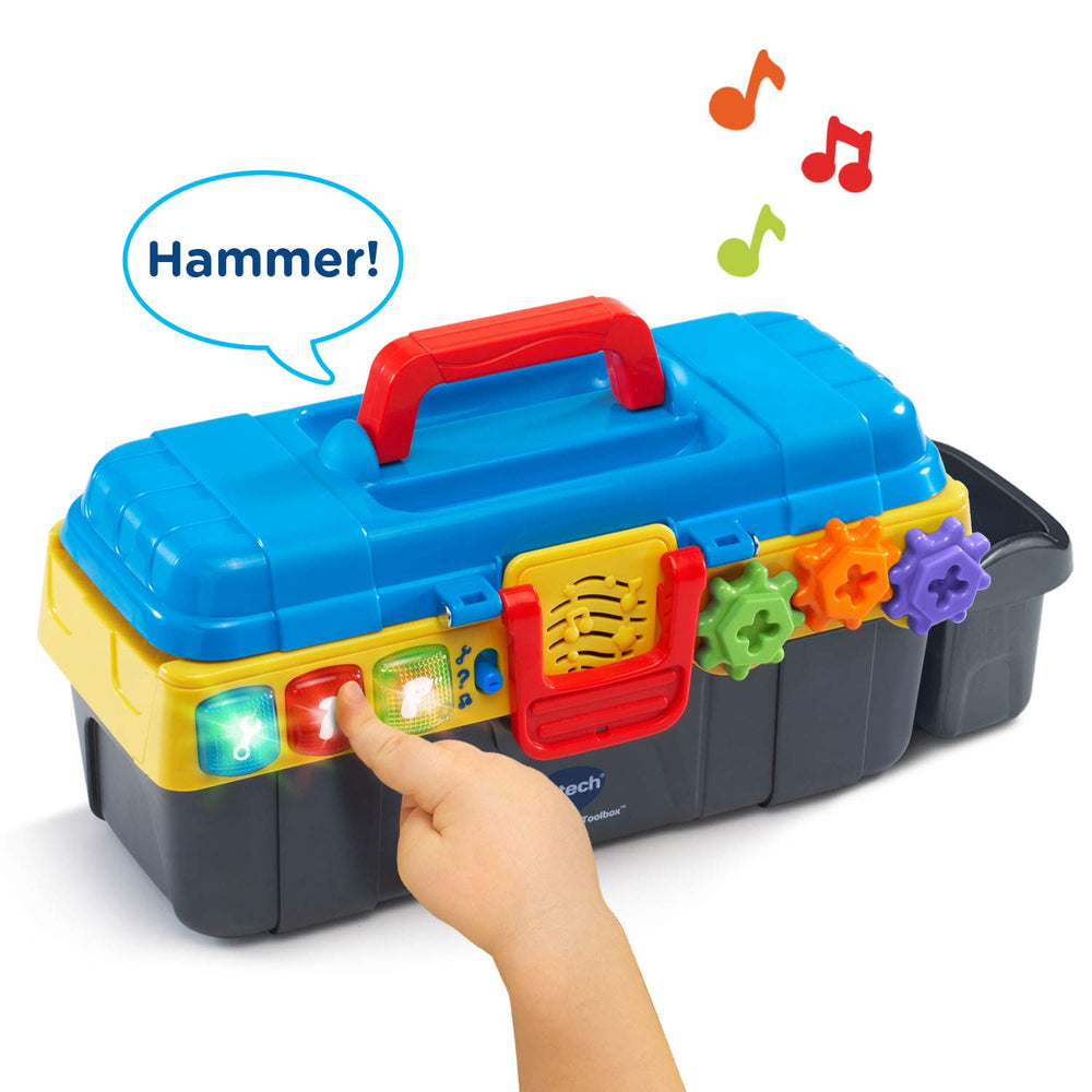 VTech Drill and Learn Toolbox gears spin with satisfying clicking sounds for hands-on play.
