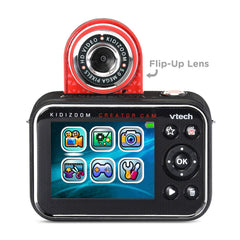 VTech KidiZoom Creator Cam red on tabletop tripod for steady shots