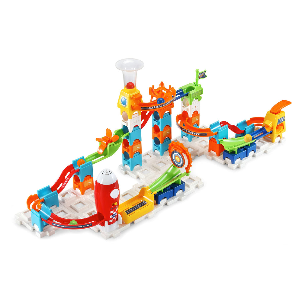 VTech Marble Rush Launchpad fast tracks accelerate marbles for thrilling races.