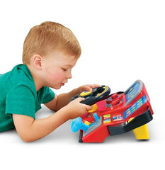VTech Ride & Learn Racer LCD screen closeup shows lively animations for engaging learning prompts.