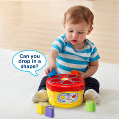 VTech Sort and Discover Drum teaches animals, shapes, and numbers through interactive blocks.