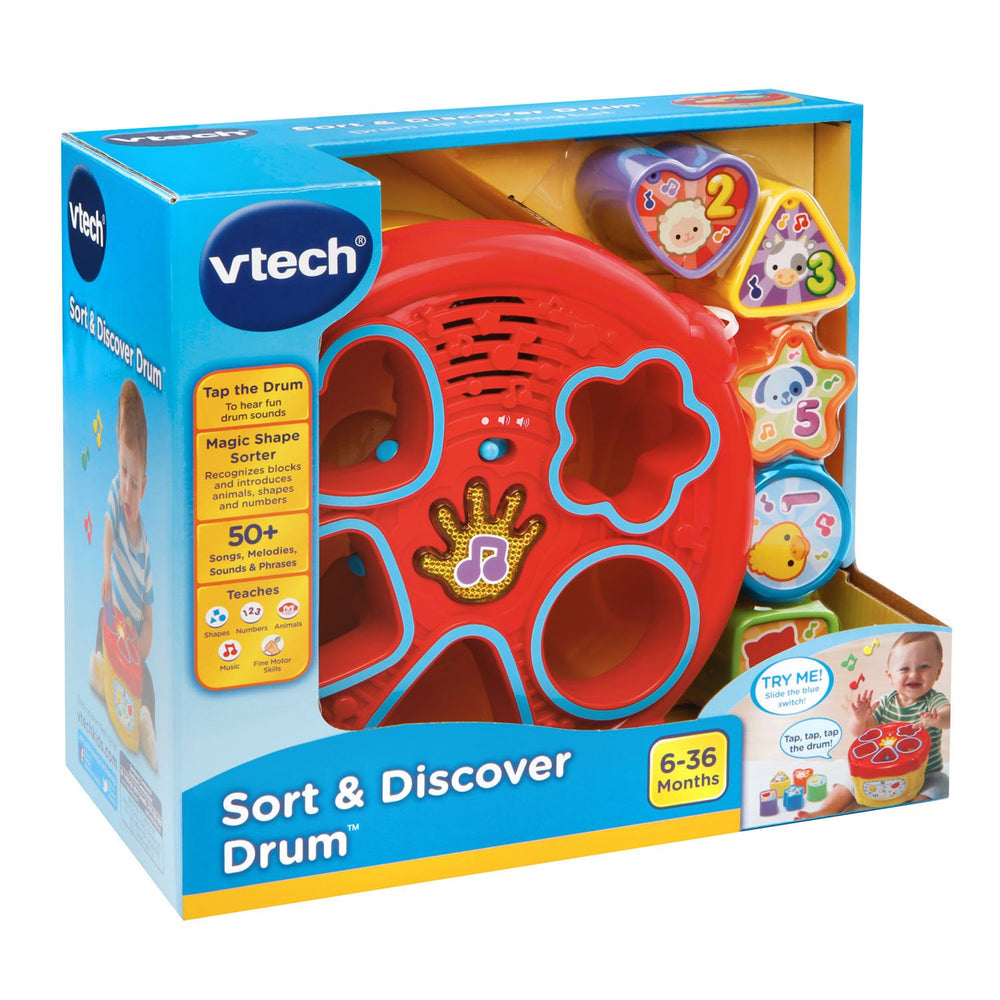 VTech Sort and Discover Drum open top enables easy block dumping play.