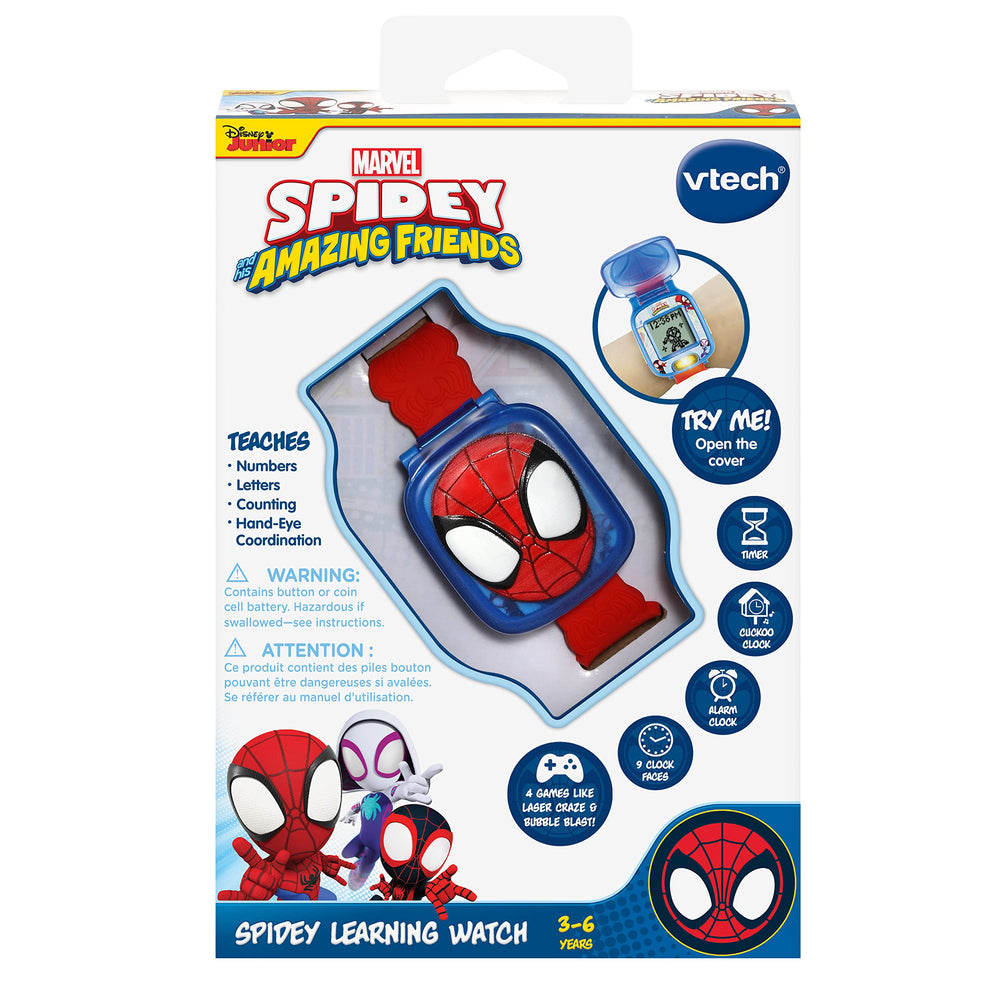 Box shows demo battery included with the VTech Spidey Watch