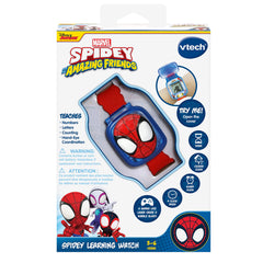 Box shows demo battery included with the VTech Spidey Watch