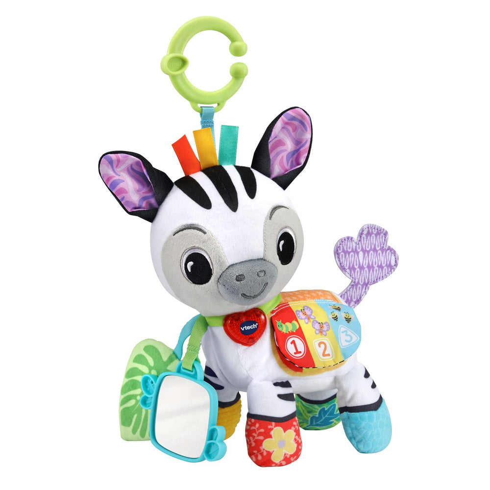 VTech Take Me With You Zebra ribbon tags invite safe teething and grasping.