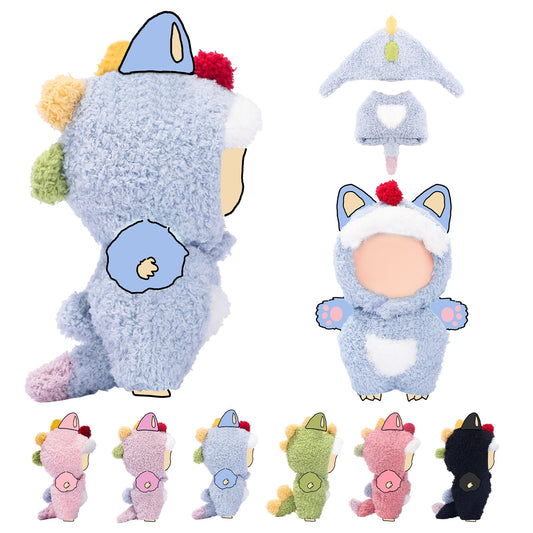 VVQUI 17cm doll dino jumpsuit in light blue, close-up of snug fit.
