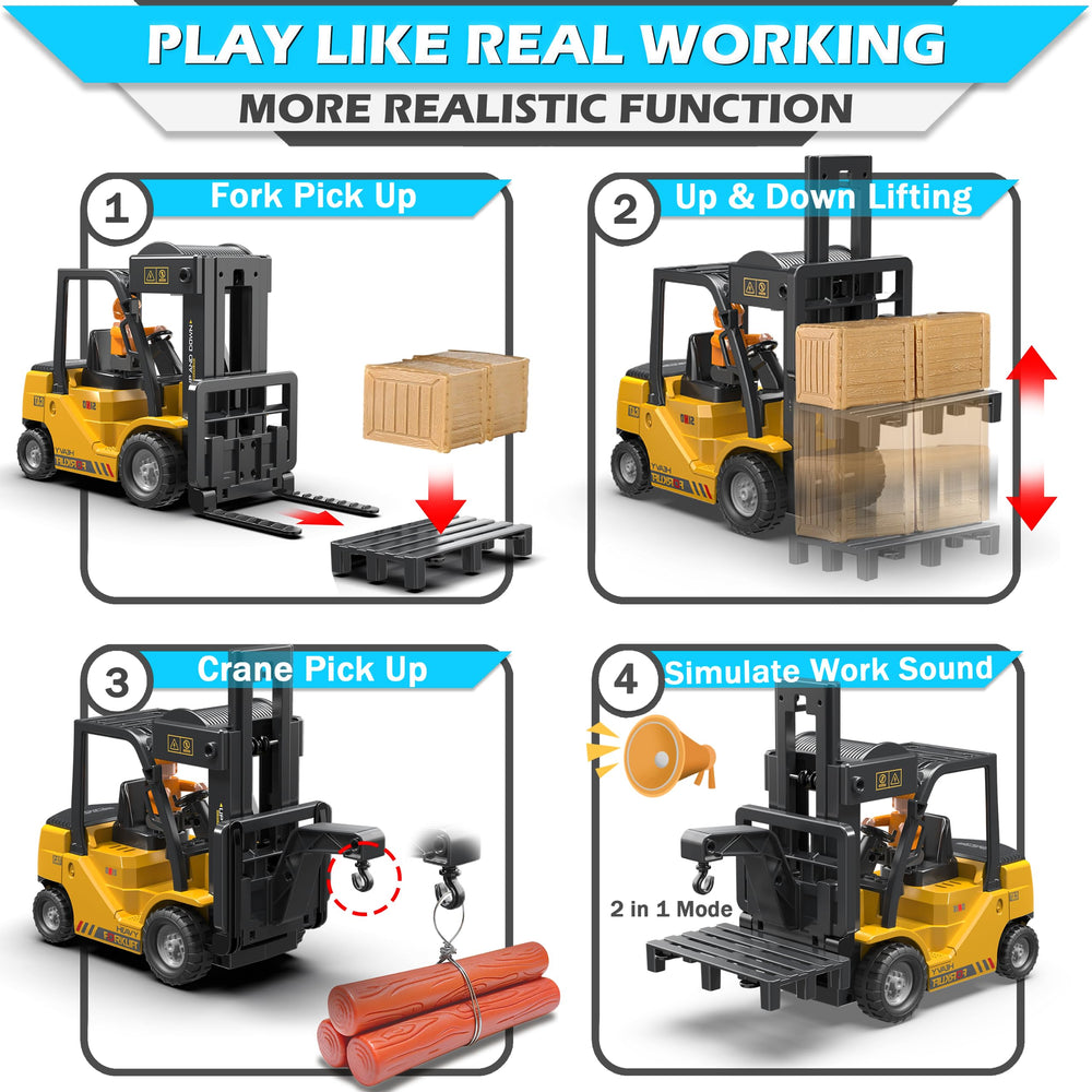 VWAHNANA RC forklift crane mode demonstrates versatile lifting for imaginative construction scenarios.