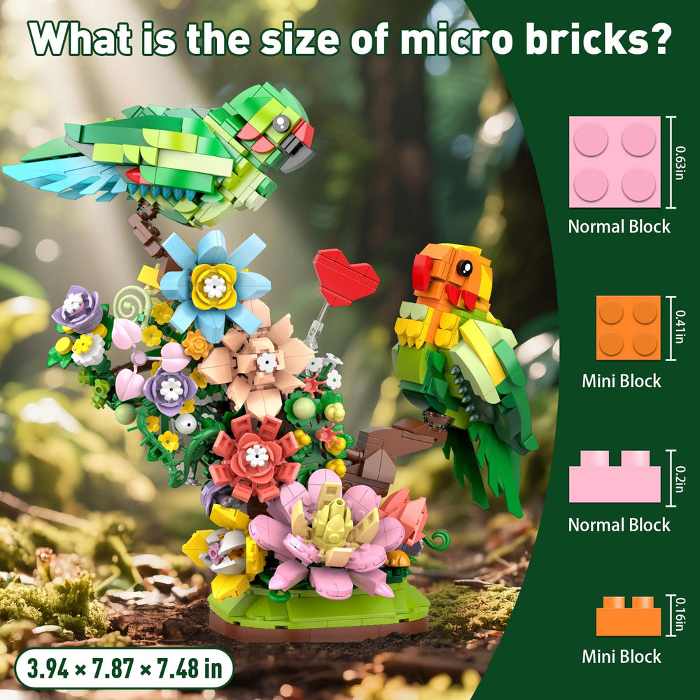 Vziimo 1050-piece building bricks for a detailed botanical parrot scene.
