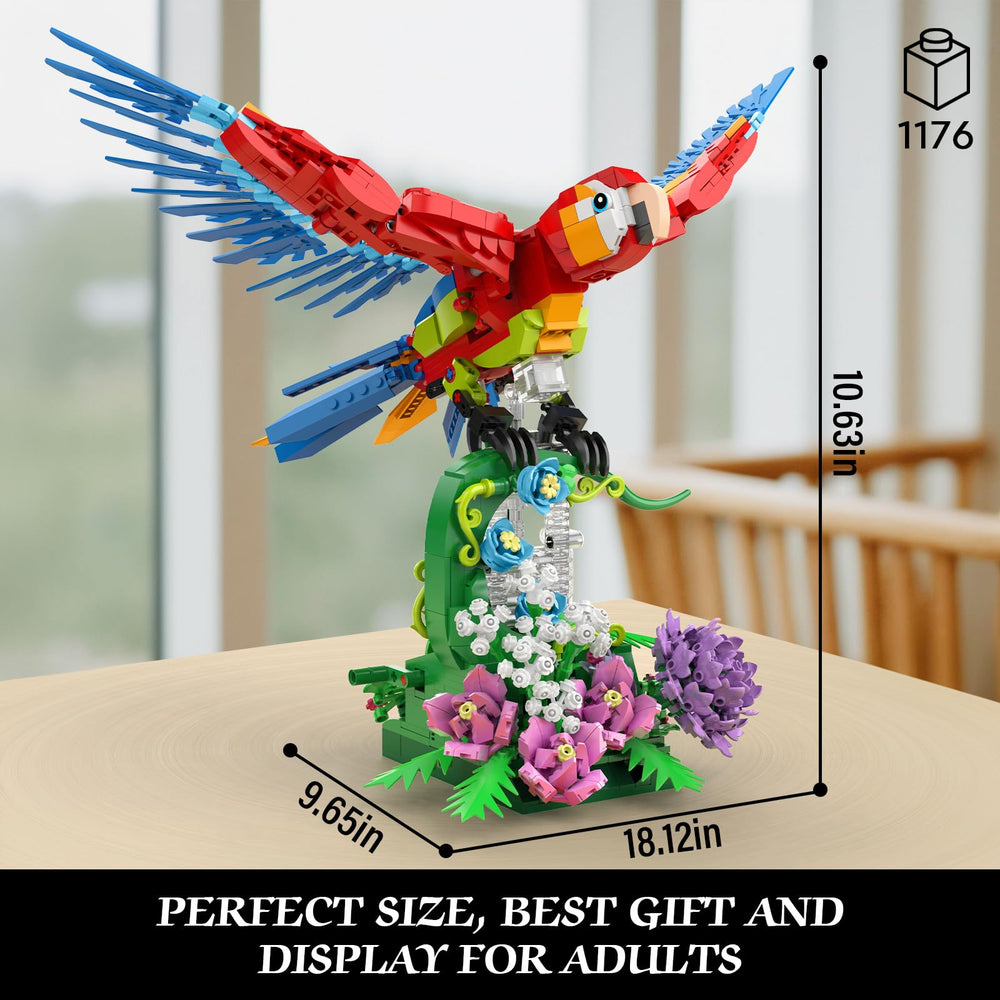 Vziimo parrot on floral base enhances shelves and desks.