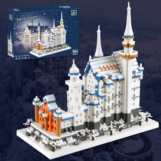 Vziimo Swan Stone Castle micro blocks display piece with intricate architecture.