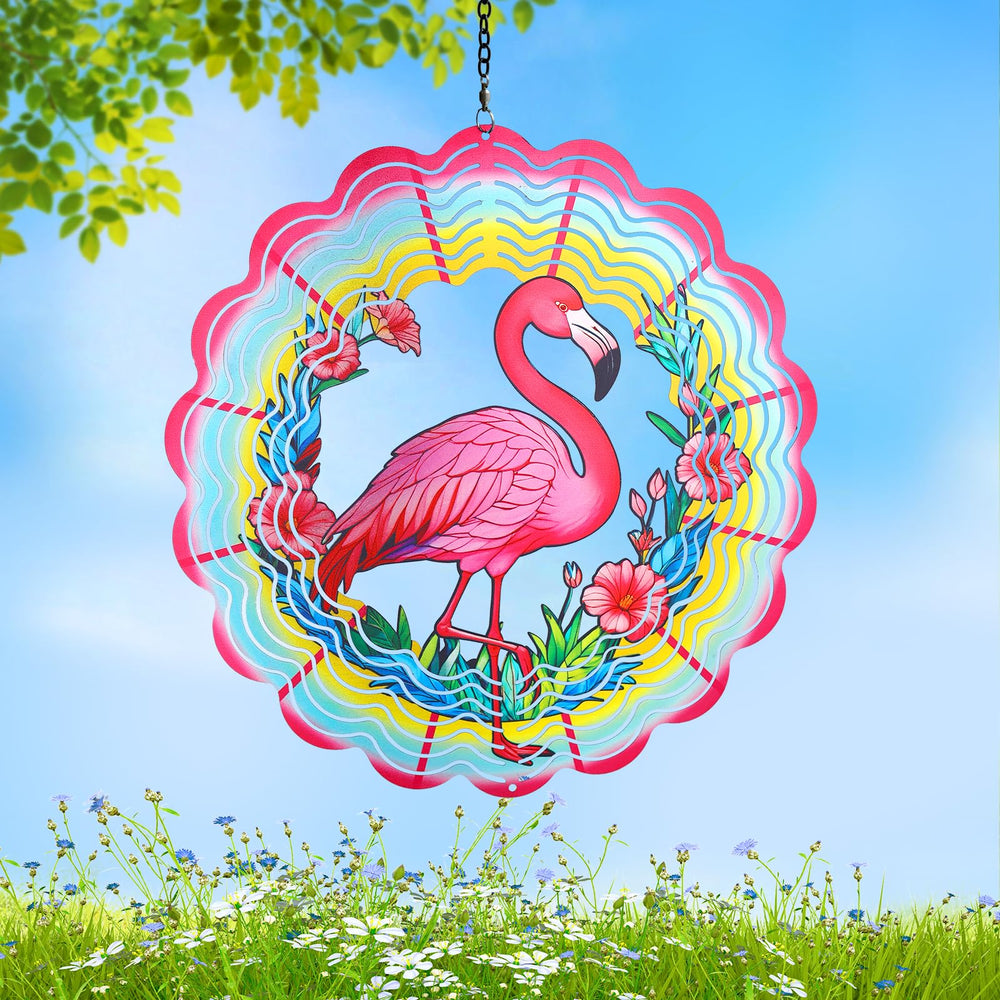 WACLSTDAY Flamingo wind spinner 3D kinetic sculpture adds color to outdoor gardens.