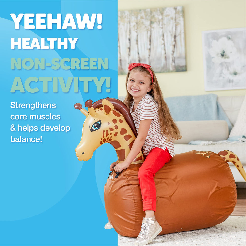 Kids bounce on the yellow giraffe hopper in a sunny backyard