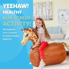 Kids bounce on the yellow giraffe hopper in a sunny backyard
