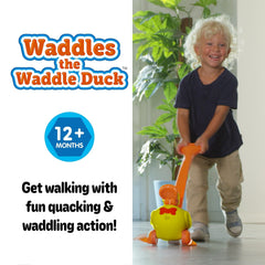 Waddles waddling action with a sturdy handle for toddlers