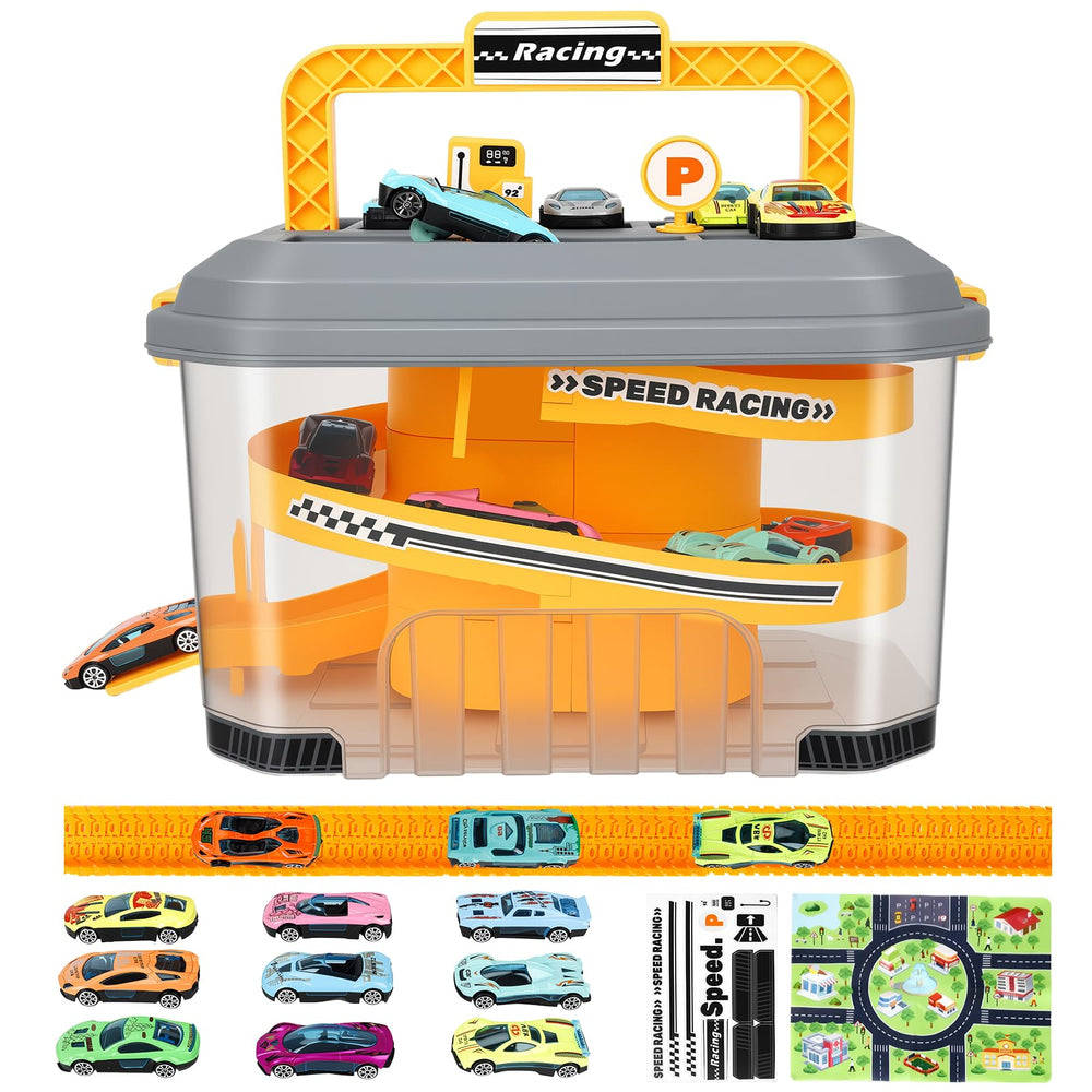 Waivvy toy car track storage playset displaying compact all-in-one racing setup for toddlers