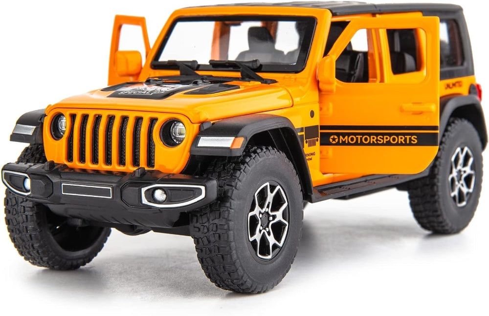 WAKAKAC Wrangler 1/32 diecast front view in orange for kids' play and display