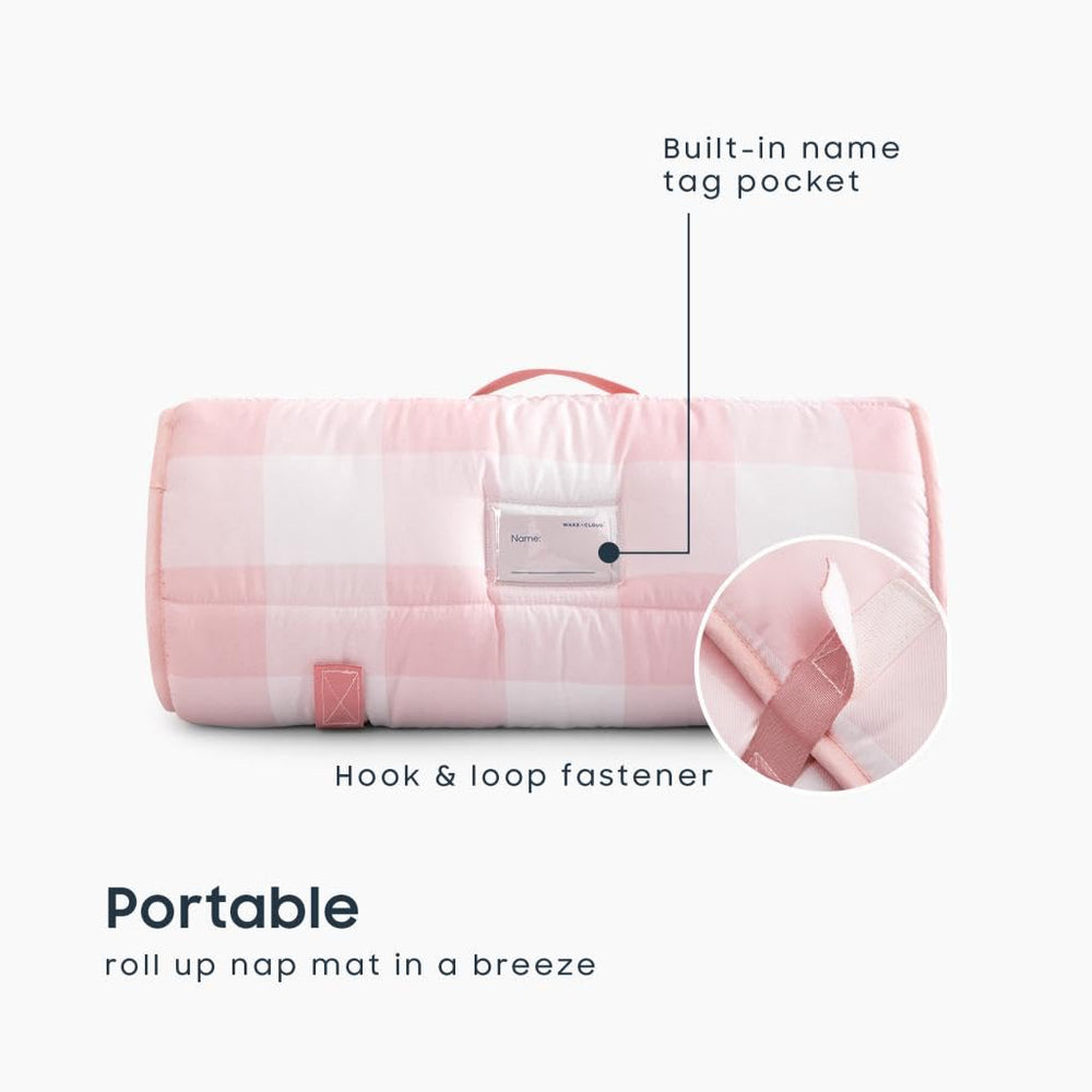 Wake In Cloud nap mat with handle and name card for portable classroom use.