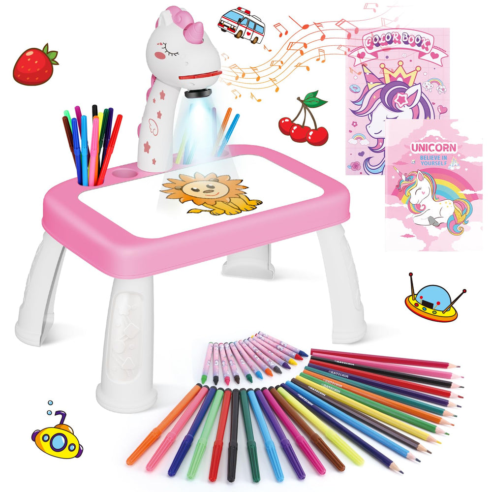 Wakeinsa drawing projector table with art supplies inspires creative play.