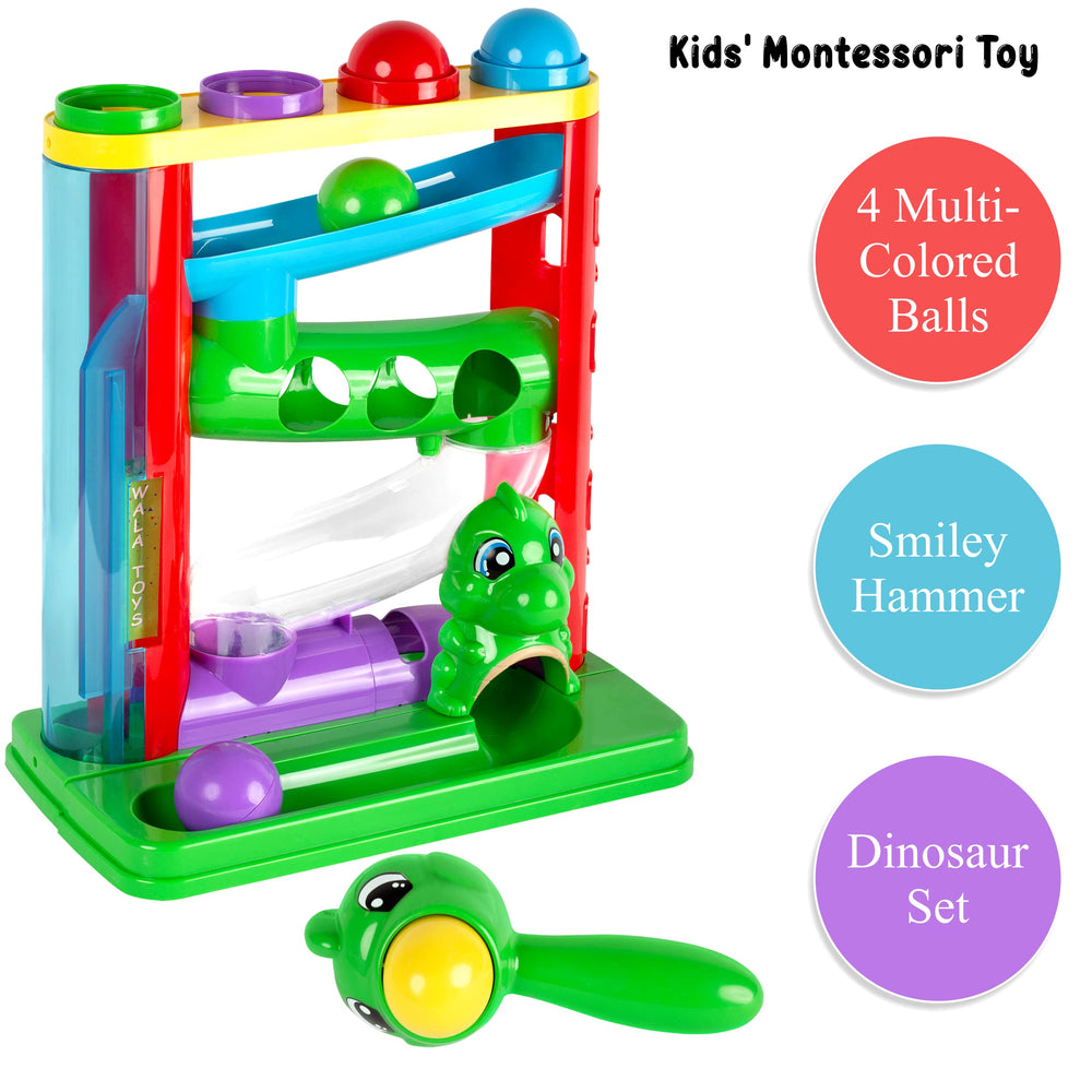 WALA Pound a Ball Dinosaurs toy ball tower keeps play organized while developing fine motor skills