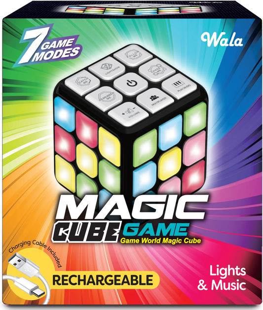 WALA Rechargeable Kids Activity Cube front view with bright LEDs for engaging play