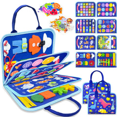 Walenty Busy Board blue dinosaur cover showing durable, engaging learning activity for toddlers.