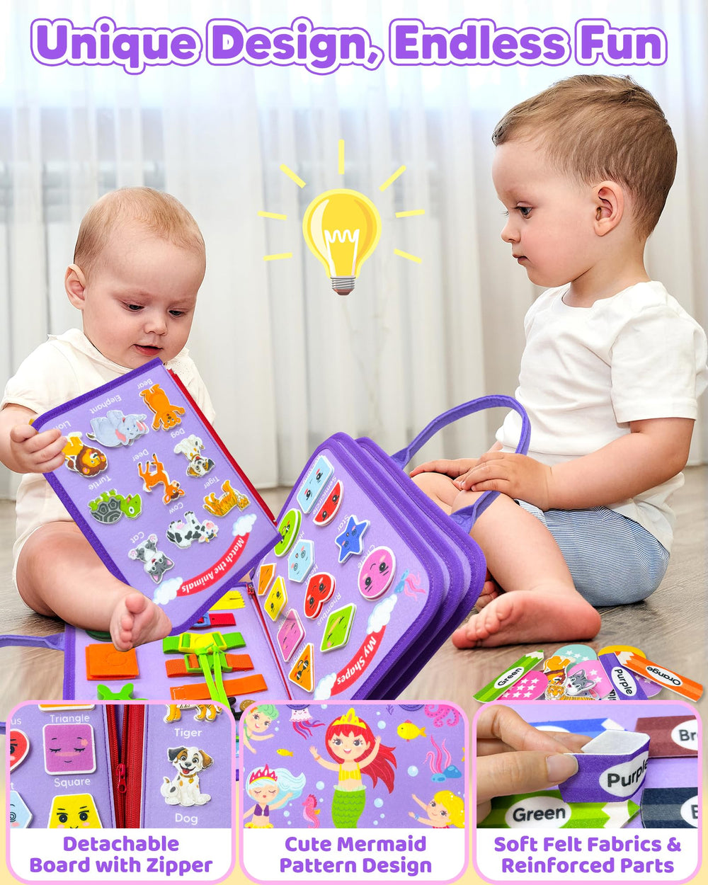 Walenty Busy Board uses soft wool felt for safe, durable play