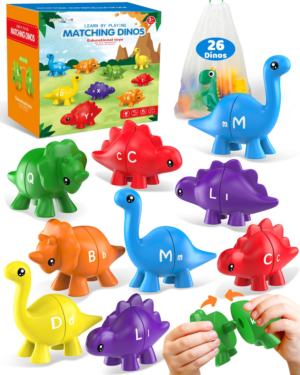 Walenty dinosaur alphabet double-sided set helps kids practice uppercase and lowercase letters.