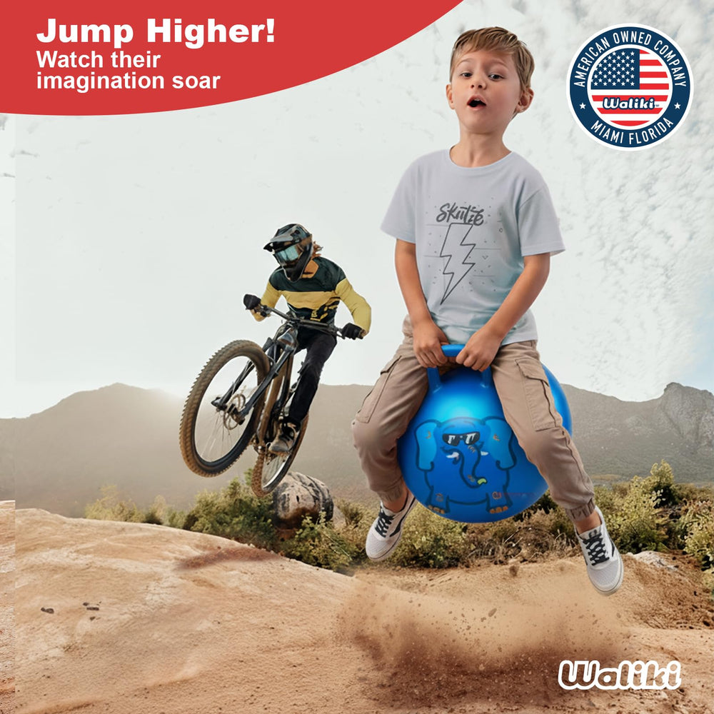 Waliki Hopper Ball 18in blue on playmat for indoor fun.