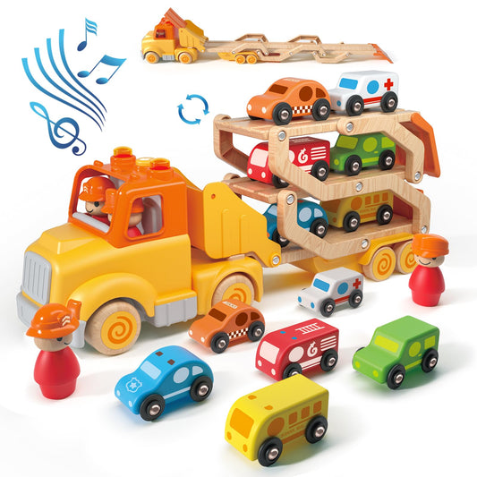 Wanborns transport trailer with six wooden vehicles for imaginative play and skill development.