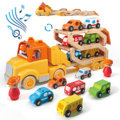 Wanborns transport trailer with six wooden vehicles for imaginative play and skill development.