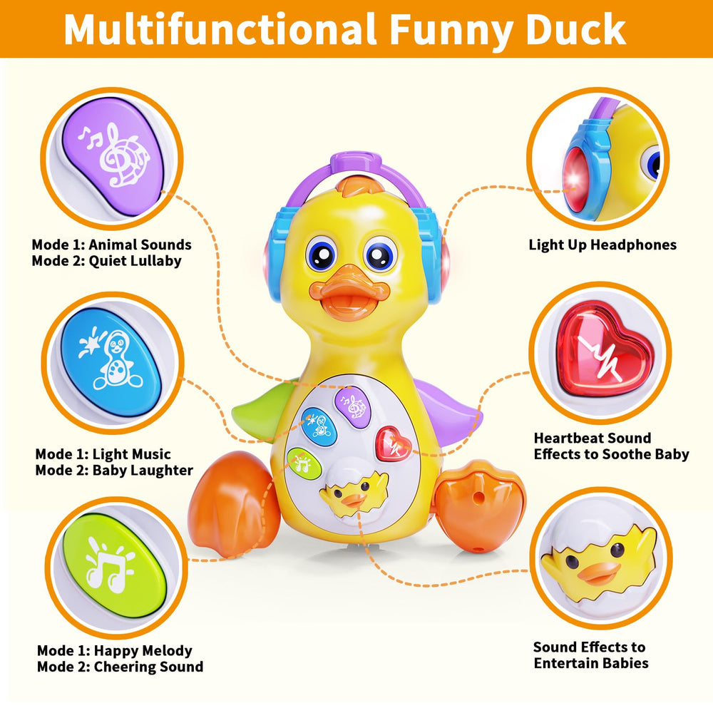 Wanonoo Dancing Duck promotes tummy time and leg strength through playful movement.