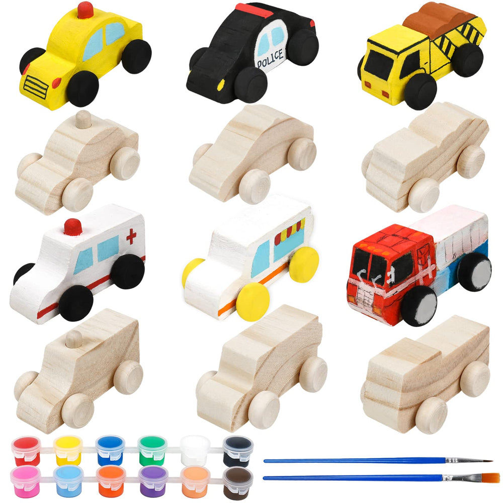 WANTKA wooden cars kit with paints and brushes for creative painting sessions.
