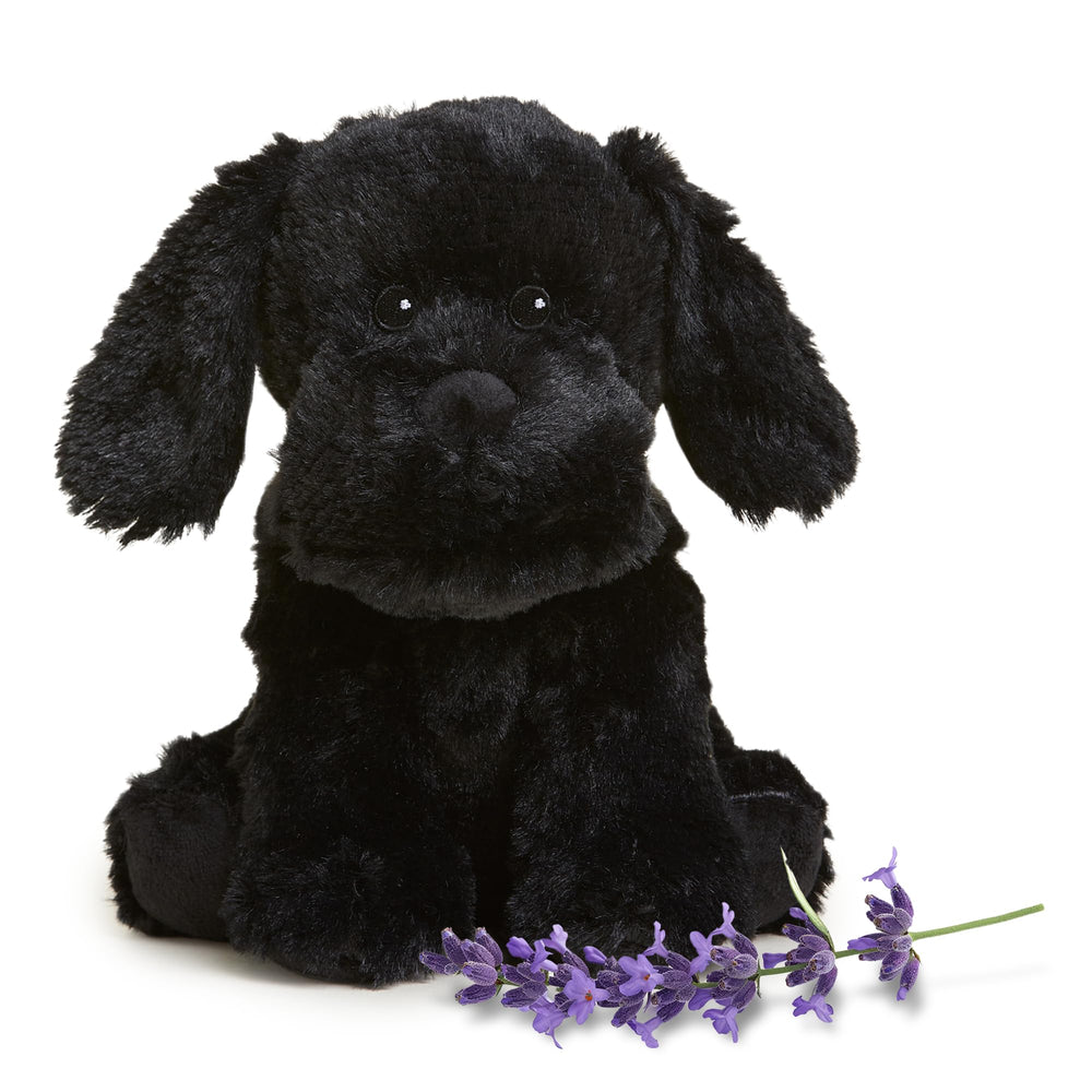 Warmies Black Labrador microwavable plush provides soothing warmth.