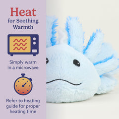 Warmies Blue Axolotl cooling option in freezer for a refreshing touch.