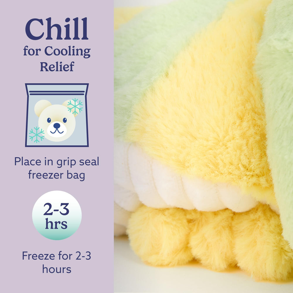 Warmies Caterpillar plush features weighted grain filling for grounding hug.