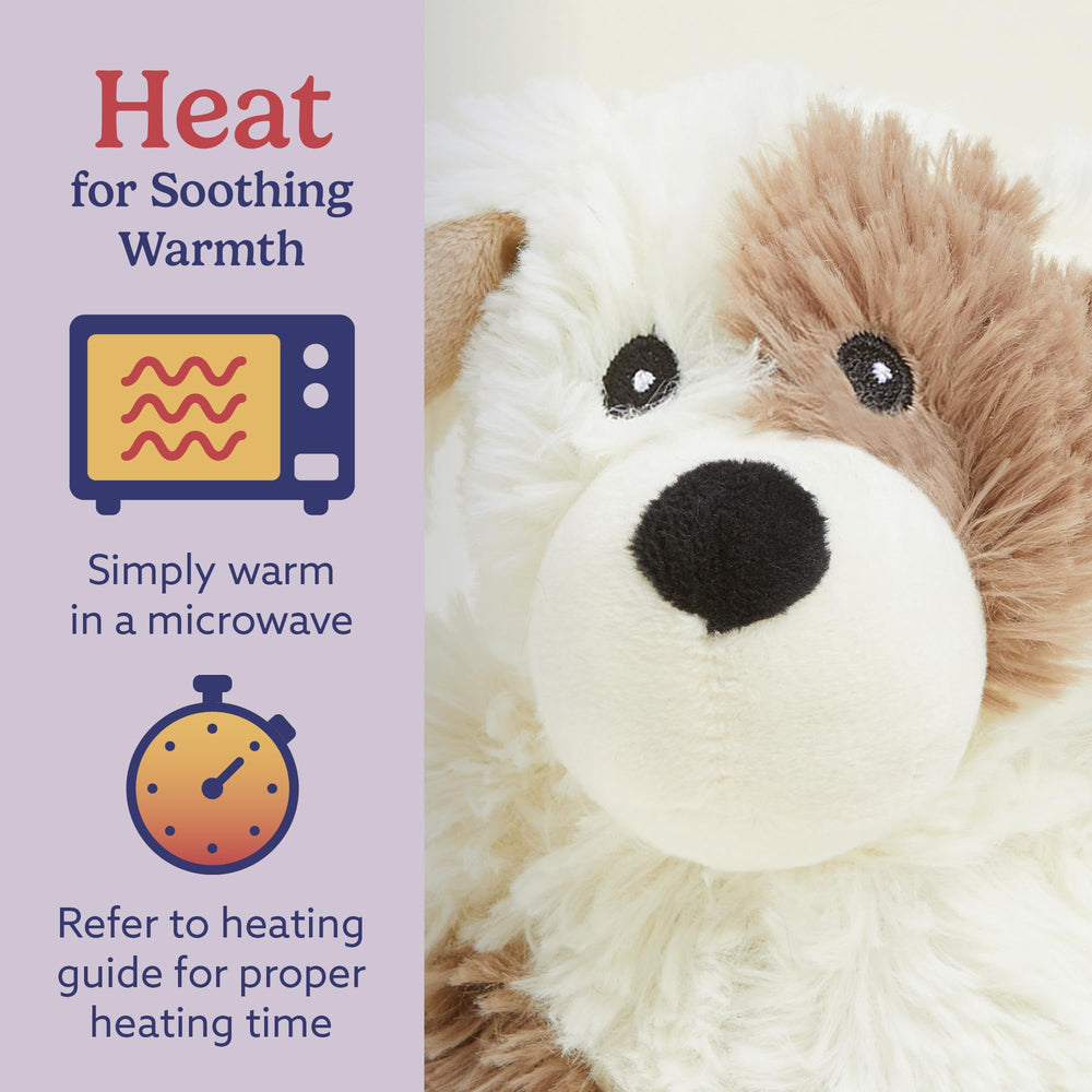 Warmies Junior Puppy compact 9-inch size ideal for kids and adults' snuggles.