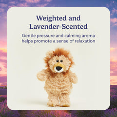 Warmies Lion Junior being heated in microwave for soothing warmth.