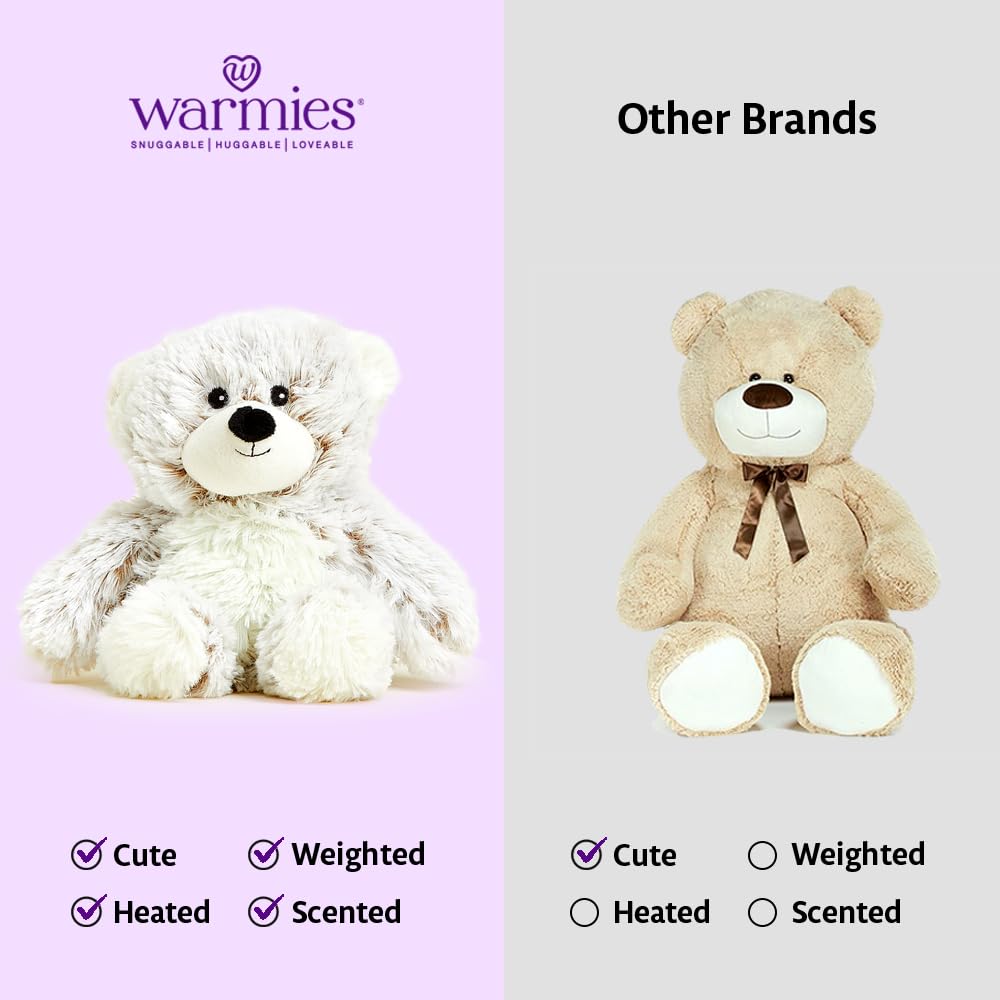 Warmies Marshmallow Bear child hugging, showcasing comforting companion for bedtime.