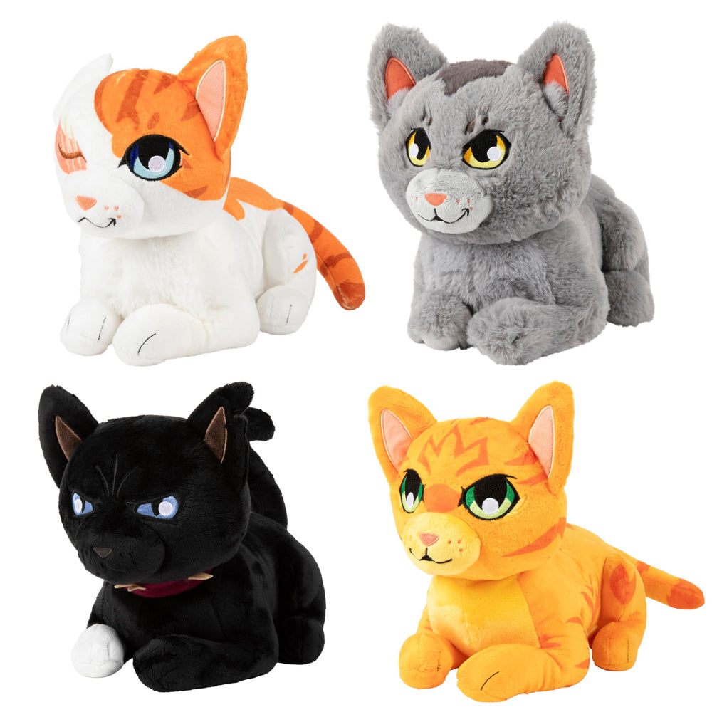 Warrior Cats plush lineup displayed on bookshelf for collector appeal