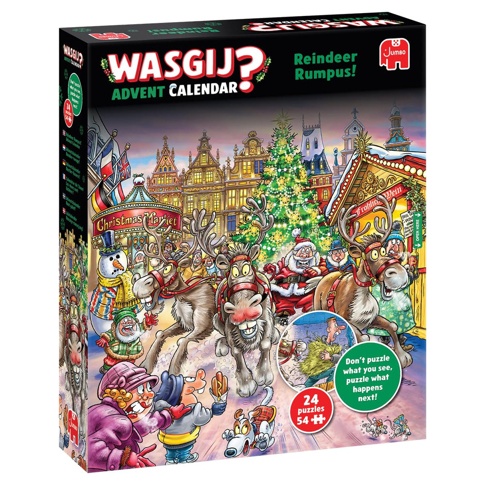 Wasgij Christmas Advent Calendar 2025 cover featuring reindeer, inviting daily puzzling fun.