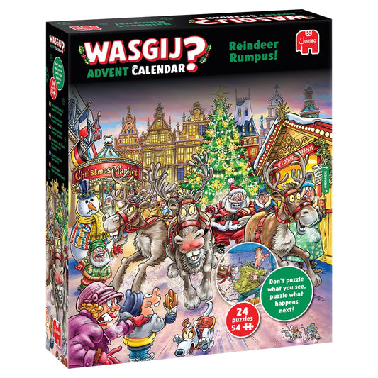 Wasgij Christmas Advent Calendar 2025 cover featuring reindeer, inviting daily puzzling fun.