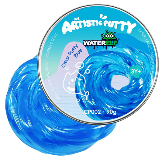 WATERELF blue transparent putty tin front view for sensory play and focus