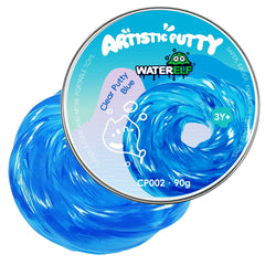 WATERELF blue transparent putty tin front view for sensory play and focus