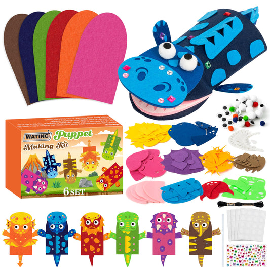 Watinc dinosaurs puppet kit packaging shows colorful contents for creative home play