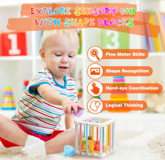 Wattne sensory bin with sound blocks for engaging sensory exploration at home.