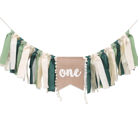 WAUAO Wild One highchair banner in jungle-safari green for first birthday photos