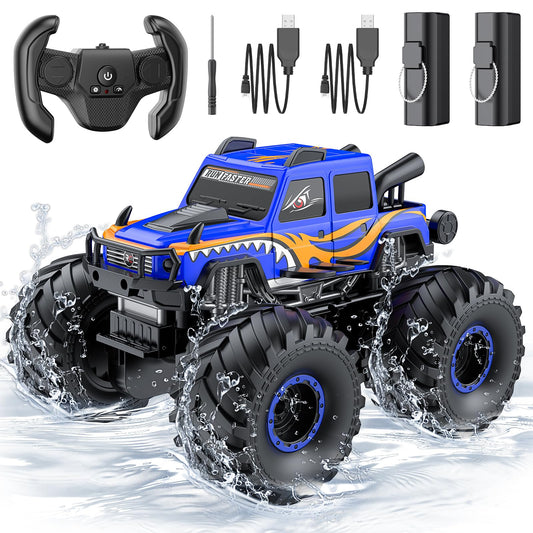 WayEee amphibious monster truck with blue body ready for water play.